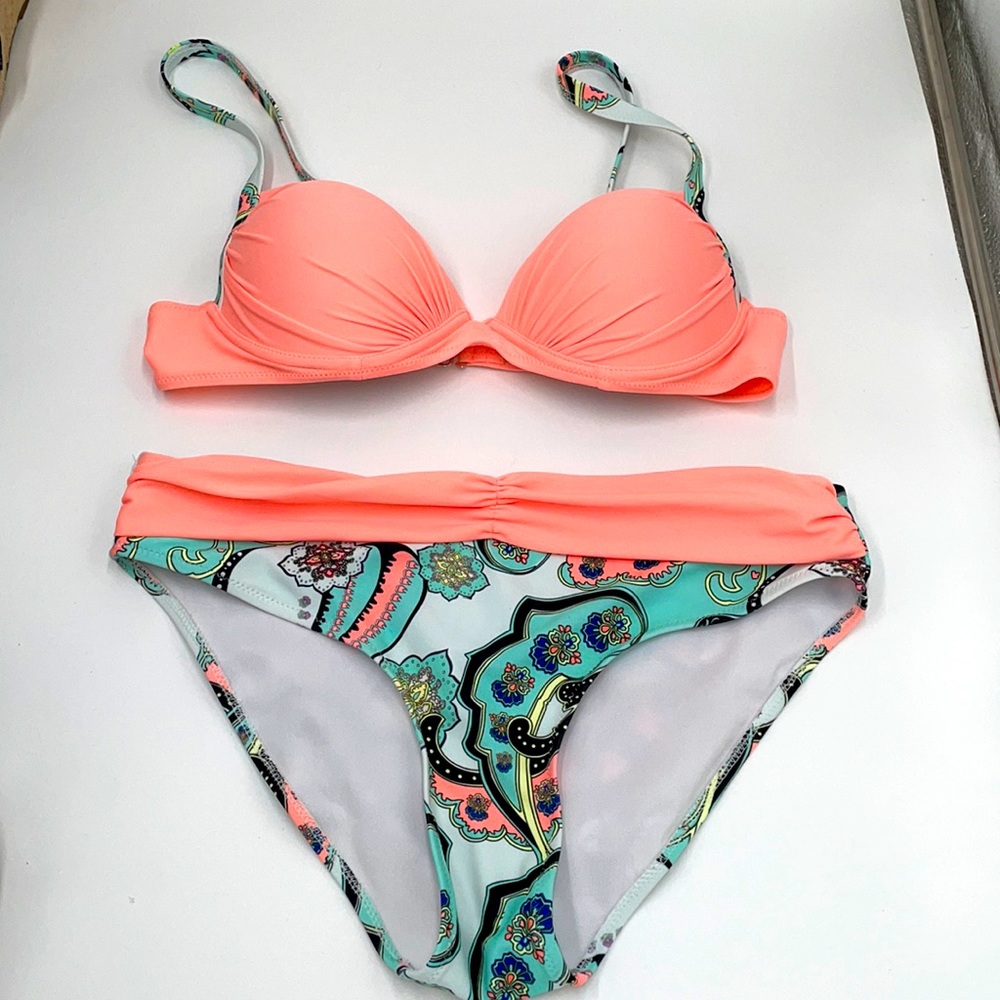 Bikini Matching Set- Top  Orange/Melon & Green Paisley Bottoms